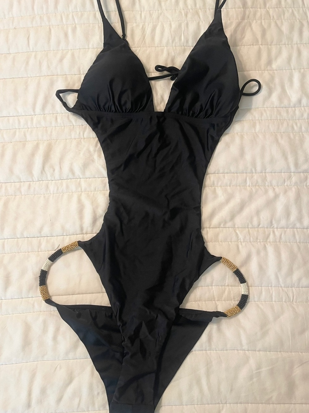 Black One-Piece Swimwear with Beaded Side Rings